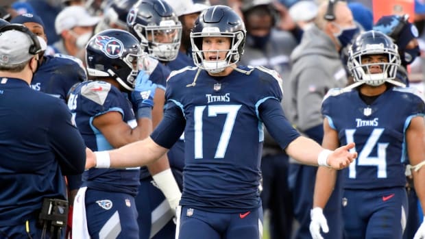 Tennessee Titans quarterback Ryan Tannehill (17) reacts on the sideline after throwing an interception in the fourth quarter during the Tennessee Titans game against the Baltimore Ravens in Nashville on January 10, 2021.